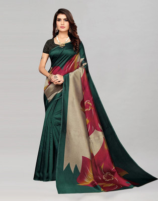 Grubstaker Printed Kanjivaram Cotton Silk Saree(Green, Maroon)