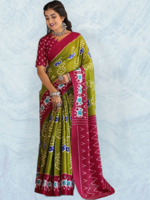 baratheon Printed Bollywood Cotton Blend Saree(Pink, Green)