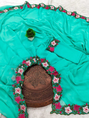 STITCH N SOLUS Embroidered, Floral Print Daily Wear Georgette, Chiffon Saree(Light Green)