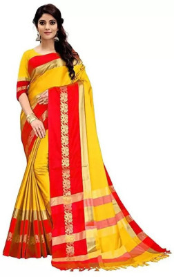 Vishal Creations Woven, Animal Print Dharmavaram Cotton Silk Saree(Orange)