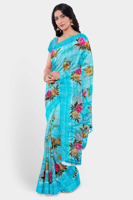 Classy Foriever Printed Daily Wear Cotton Blend Saree(Light Blue)