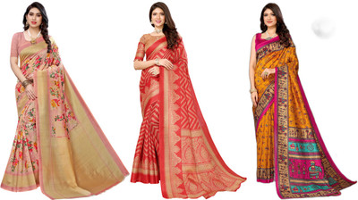 YASHIKA Printed, Woven Mysore Art Silk Saree(Pack of 3, Pink, Red, Yellow)