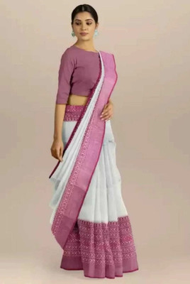 RADHA KRISHNA SARE EHOUSE Solid/Plain Handloom Cotton Blend Saree(Multicolor, Pink, White)