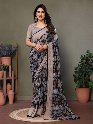 WINKLECART Printed, Floral Print Bollywood Georgette, Silk Blend Saree(Grey)