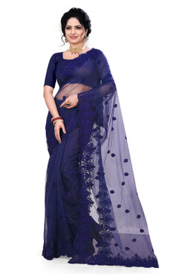 DEVKISONDESIGNER Self Design, Embroidered Bollywood Net Saree(Dark Blue)