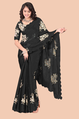 Westeric Embroidered Bollywood Silk Blend Saree(Black)