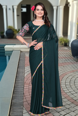 Zenophily Solid/Plain Bollywood Silk Blend Saree(Green)