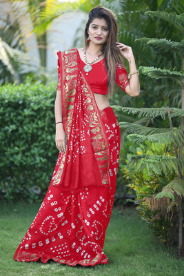 JERAVI Enterprise Printed Bandhani Art Silk Saree(Red)