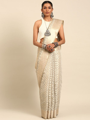 Taavi Self Design Handloom Cotton Blend Saree(Grey)