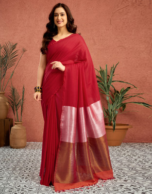 Sangria Embellished, Solid/Plain Bollywood Linen Saree(Red)