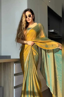 Krisha Fashion Solid/Plain Bollywood Jimmy choo, Chiffon Saree(Gold)