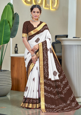 Divastri Blocked Printed, Printed Chanderi Cotton Blend Saree(White, Brown)