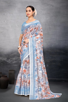 HouseOfCommon Floral Print Bollywood Cotton Linen Saree(Blue)