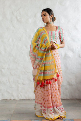 SDGRATITUDE Digital Print, Self Design Bollywood Linen Saree(Multicolor)