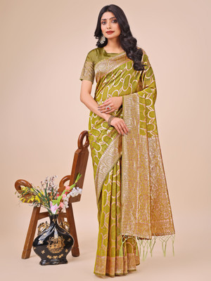 Divastri Self Design Kanjivaram Cotton Linen Saree(Light Green)