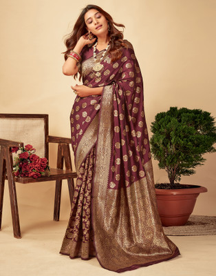 Samah Woven, Embellished Banarasi Silk Blend, Jacquard Saree(Maroon)