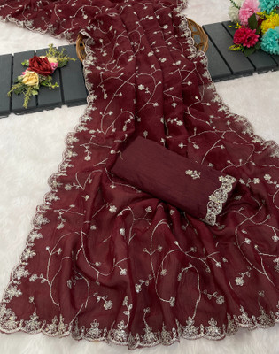Tradivibe Embroidered Bollywood Chiffon Saree(Maroon)