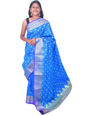 Ansari Fabrics Printed Kanjivaram Satin Saree(Light Blue)