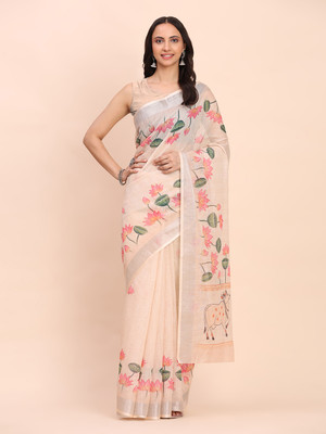 Tasrika Digital Print Kantha Cotton Linen Saree(Cream)