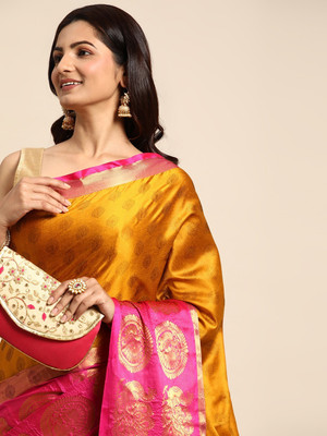 yourwish Woven, Checkered, Embellished, Self Design Banarasi Jacquard, Cotton Silk Saree(Gold)