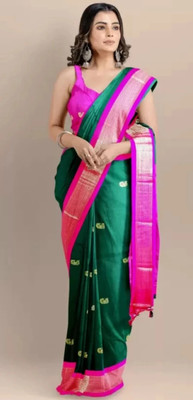 Hashir textile Striped, Temple Border Handloom Cotton Silk Saree(Dark Green)