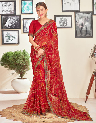 all about you Printed, Embellished, Embroidered Bandhani Georgette Saree(Red)