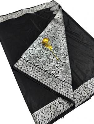 AlroshFabrics Woven, Floral Print, Paisley, Embellished Banarasi Satin Saree(Black)
