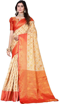 Aksh Fashion Self Design, Woven Banarasi Silk Blend, Jacquard Saree(Cream, Orange)