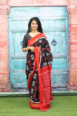 Tropwear Self Design, Printed, Blocked Printed, Digital Print, Hand Painted Ikkat Pure Cotton Saree(Black)