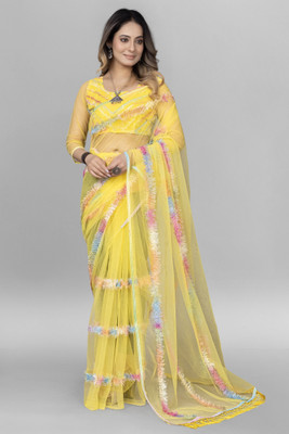 Aika Embroidered Bollywood Net Saree(Yellow)