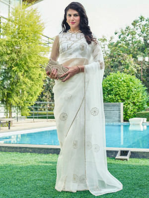 Sareemall Embellished Bollywood Organza Saree(Cream)