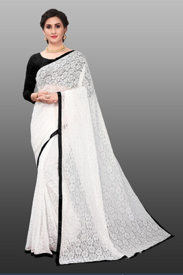LOROFY Self Design Bollywood Net Saree(White)