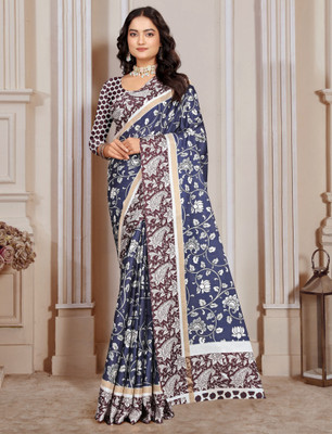 HouseOfCommon Printed Kanjivaram Pure Cotton, Cotton Silk Saree(Blue, Maroon)