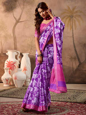 ANOUK Printed Hand Batik Cotton Blend Saree(Purple)