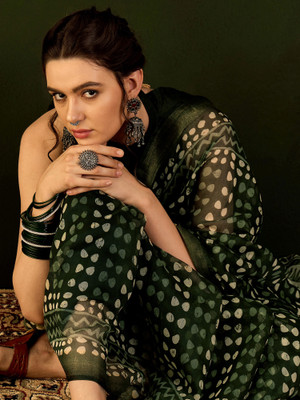 Divastri Printed Bollywood Cotton Linen Saree(Green)