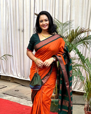 Unique Queens Embroidered Bollywood Cotton Linen Saree(Orange)