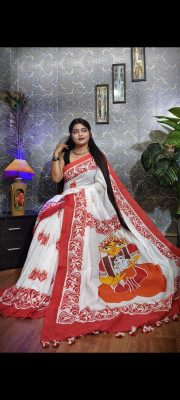 PRANATI ENTERPRISE Printed Handloom Cotton Silk Saree(White)