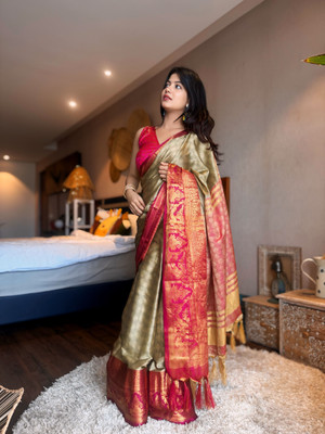 yourwish Woven, Self Design Bollywood Cotton Silk, Jacquard Saree(Beige, Pink, Gold)