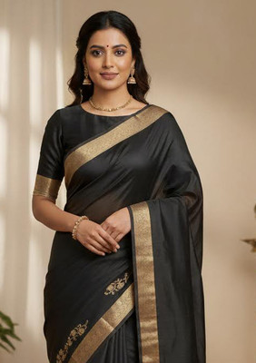 Anugrah Textile Printed Banarasi Lycra Blend, Chiffon Saree(Black)