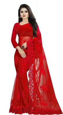 Barkiya Creation Embroidered Bollywood Net Saree(Red)