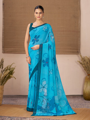 GARDEN VARELI Floral Print Bollywood Georgette Saree(Blue)