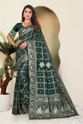 CKDESIGNER Woven Banarasi Nylon Saree(Dark Green)