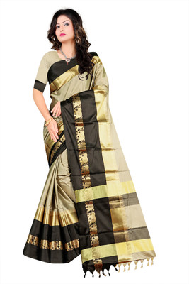 DEEP KIRAN FABRICS Temple Border Maheshwari Cotton Silk Saree(Beige)