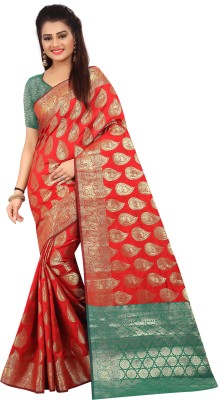 Hinayat Fashion Printed Banarasi Cotton Silk Saree(Red)
