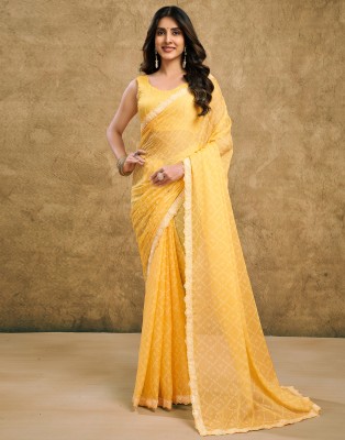 Samah Printed, Embellished Bollywood Georgette, Lace Saree(Yellow)