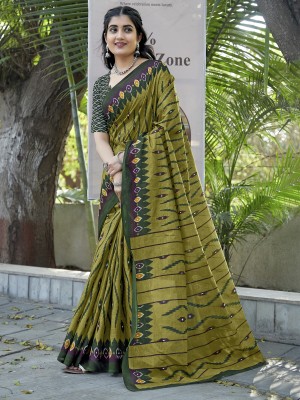 Sareemall Printed Ikkat Pure Cotton Saree(Light Green)