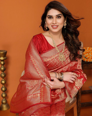 YASHIKA Self Design Kanjivaram Silk Blend Saree(Red)
