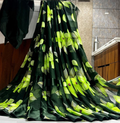 Bombey Velvat Fab Printed, Solid/Plain Konrad Mulmul, Chiffon Saree(Green, Black)