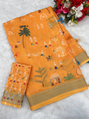 SJY Printed Assam Silk Linen Saree(Pack of 3, Yellow)