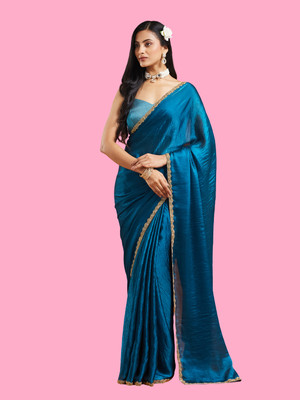 Croza Solid/Plain Bollywood Organza, Pure Silk Saree(Blue)